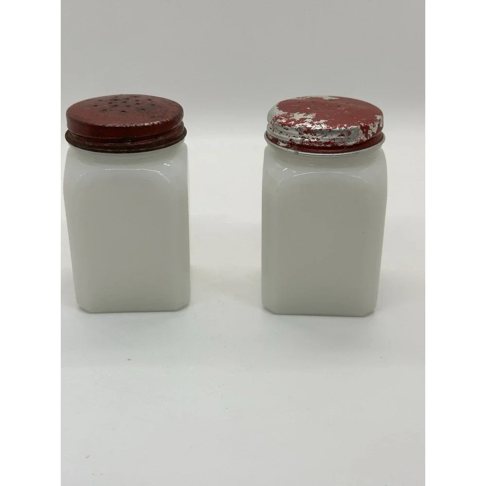 Vintage Hazel Atlas White Milk Glass Dutch Windmill Salt &Pepper Shaker Red Lids